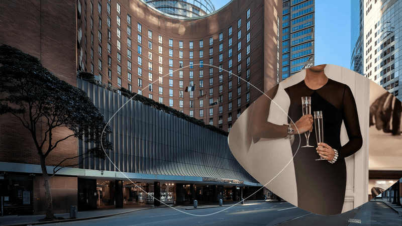 Digital image of a hotel entrance with a superimposed illustration of a woman in black holding champagne flutes.