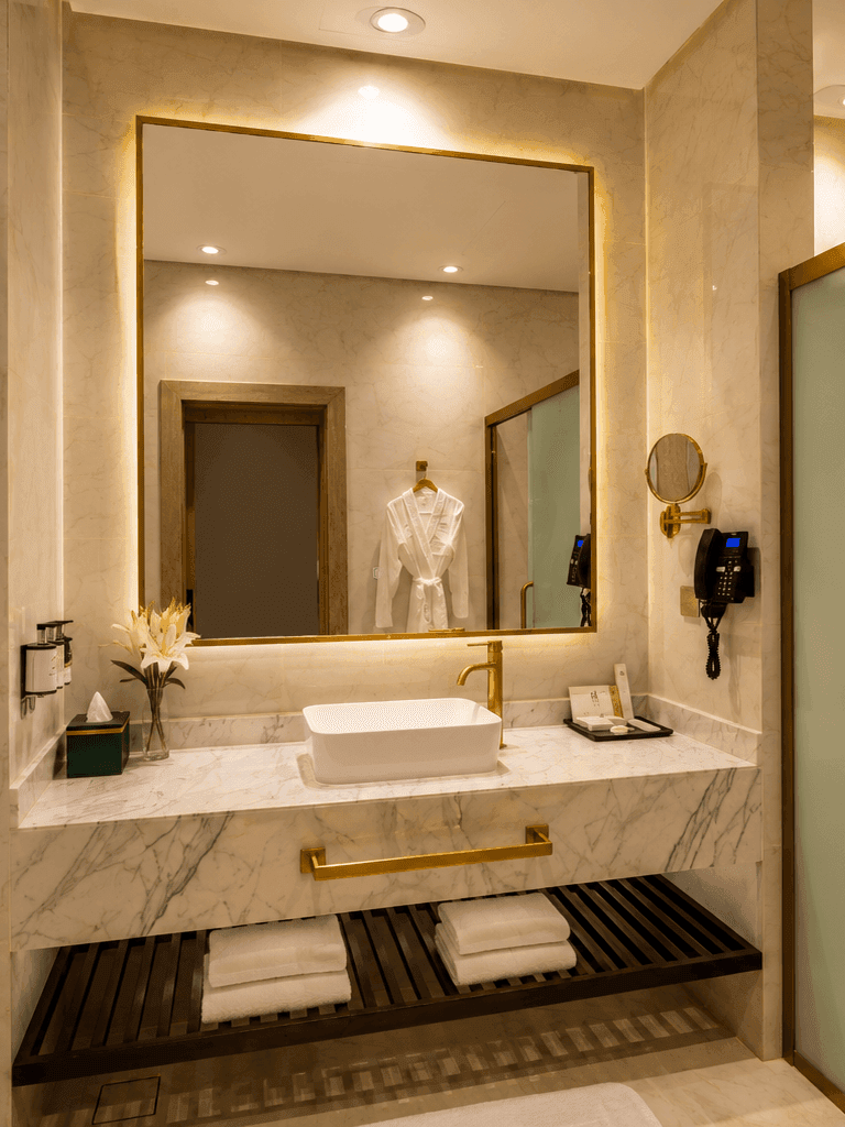Vessel sink on countertop with folded towels under illuminated mirror in Deluxe Skyline View at Naviti by Warwick Jeddah