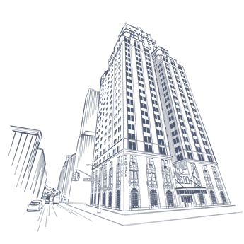 Line art illustration of the historic high-rise hotel building at Warwick New York
