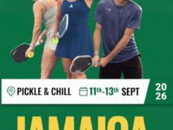 Pickle and Chill promo poster featuring three players holding paddles showcasing sports events at Jamaica Pegasus Hotel