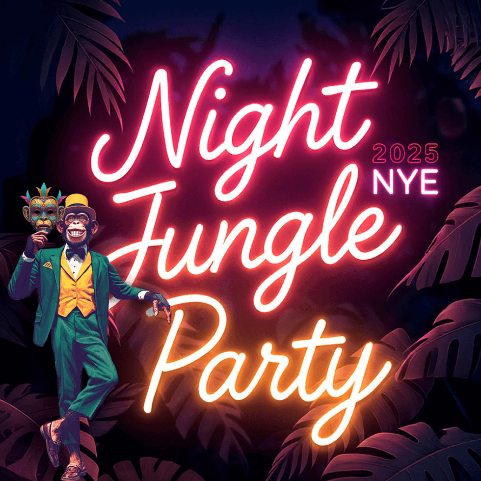 Poster for Night Jungle Party 2025 NYE featuring a monkey in green suit and masks.