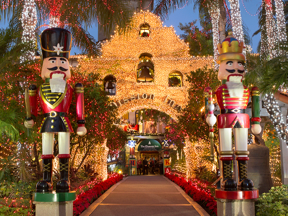Entrance decorated with lights at Mission Inn Riverside