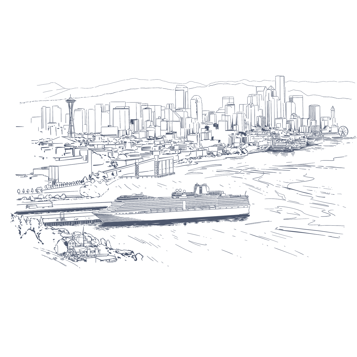 Vector illustration of a large cruise ship with the skyline used at Warwick Seattle