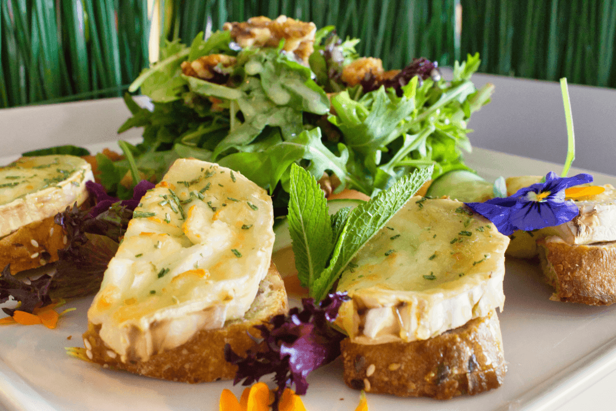 Brie cheese on toast with salad served in Osteria 31, one of the best restaurants in Lausanne at Starling Hotel Lausanne