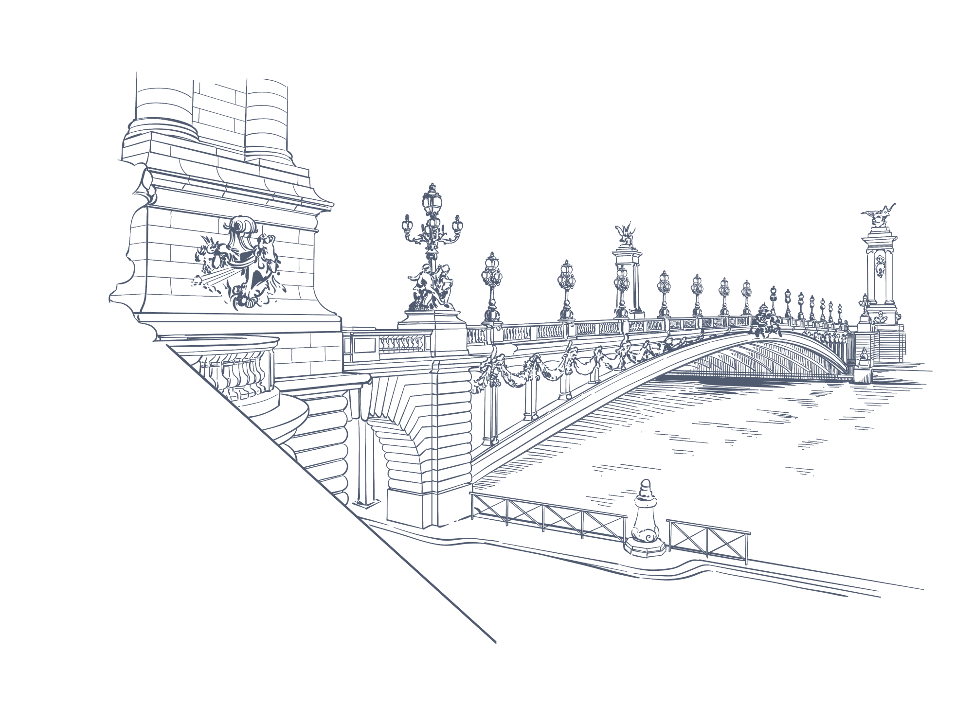 Hand-drawn illustration of Pont Alexandre III used at Warwick Paris Champs Elysées