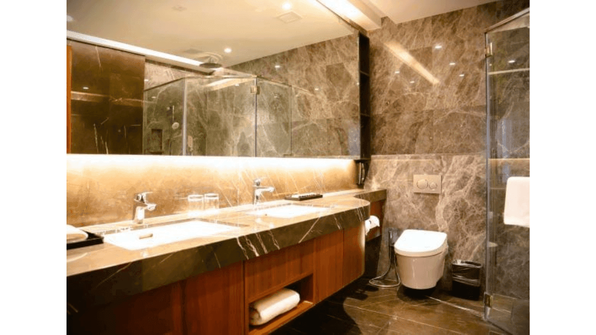Bathroom vanity, bathtub, and shower area in Club Twin Room at Sunway Hotels & Resorts