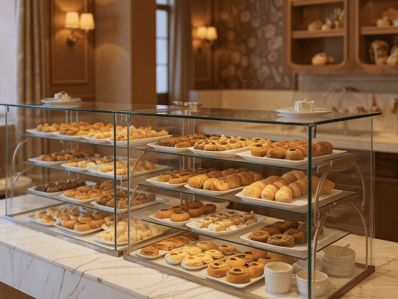 Glass display case with various donuts and pastries on marble countertop in a bakery.