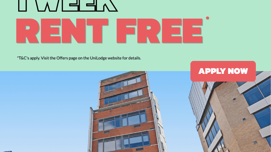 Modern student accommodation building with red brick facade and large windows under clear blue sky with promotional offer.