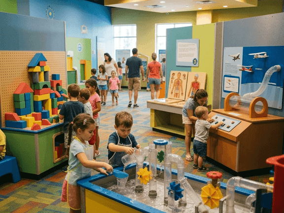 Children\’s Science Explorium with kids playing at interactive exhibit stations near The Atlantic Hotel & Spa