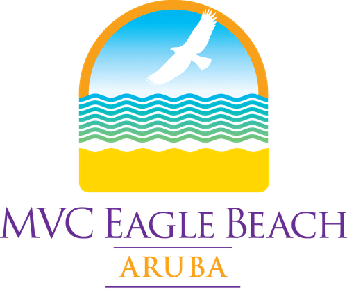 Logo for MVC Eagle Beach Aruba with an eagle flying over stylized waves and sand.