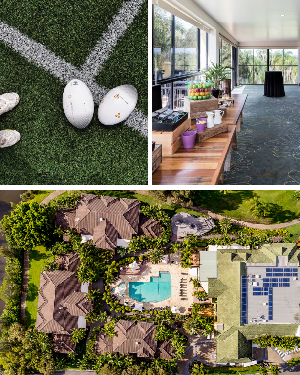 Collage showing rugby balls, a poolside lounge, and a house with a solar-paneled roof.