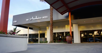 Low angle shot of the entrance of The Anaheim Hotel
