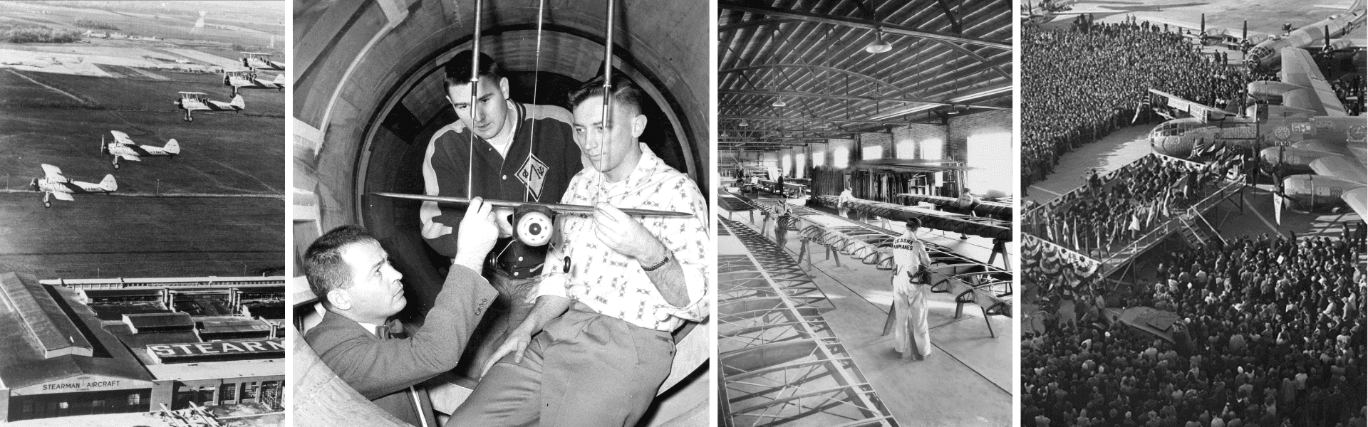 Collage of photos featuring historic air fields, workshops, and planes