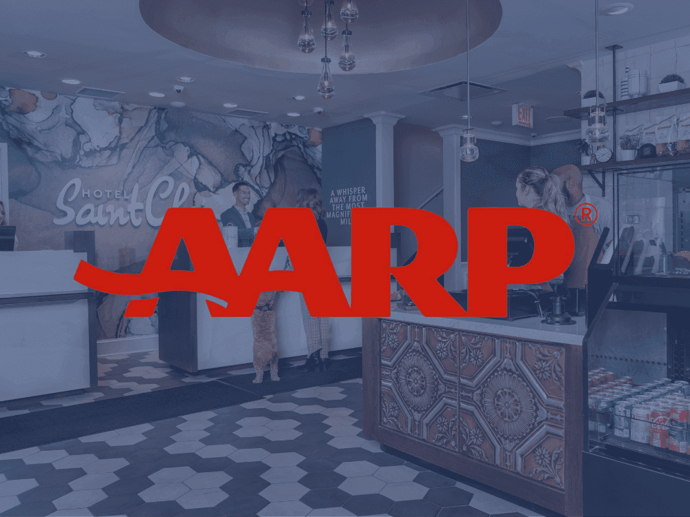 AARP logo on top of a picture of the hotel lobby at Hotel Saint Clair