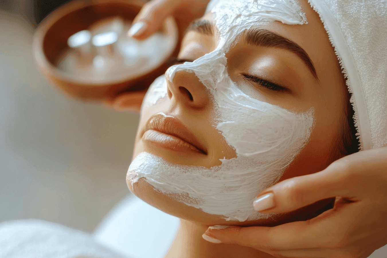 Therapist applying a white facial mask beside a wooden bowl to a towel-wrapped guest at La Tourelle Inn and Spa