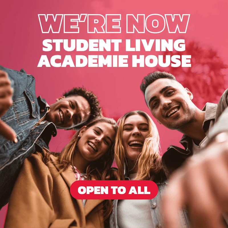 Four smiling people and a hand pointing, promoting Student Living Academie House.