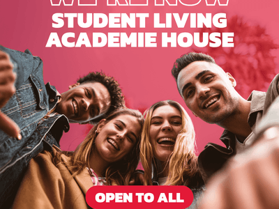 Four smiling people and a hand pointing, promoting Student Living Academie House.