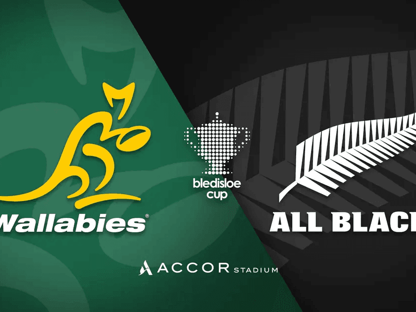 Bledisloe Cup 2026 event poster featuring Wallabies and All Blacks logos with stadium background.