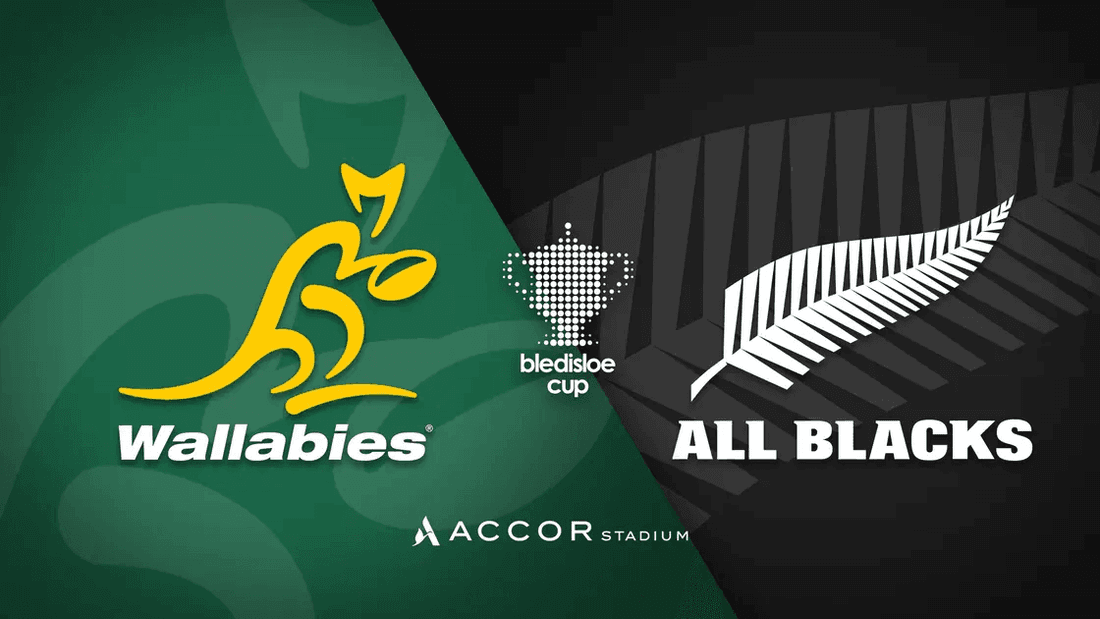 Bledisloe Cup 2026 event poster featuring Wallabies and All Blacks logos with stadium background.