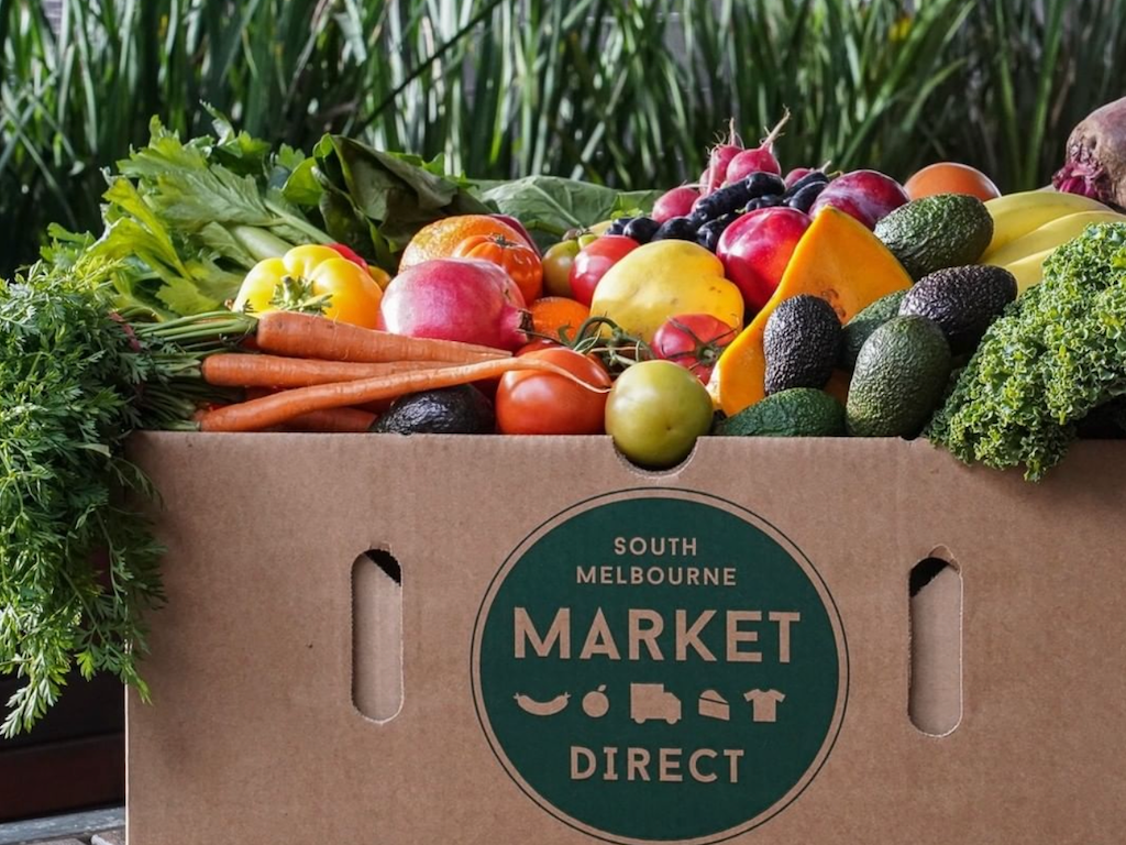 Close up of Box of fruit and vegetables at Brady Hardware Lane