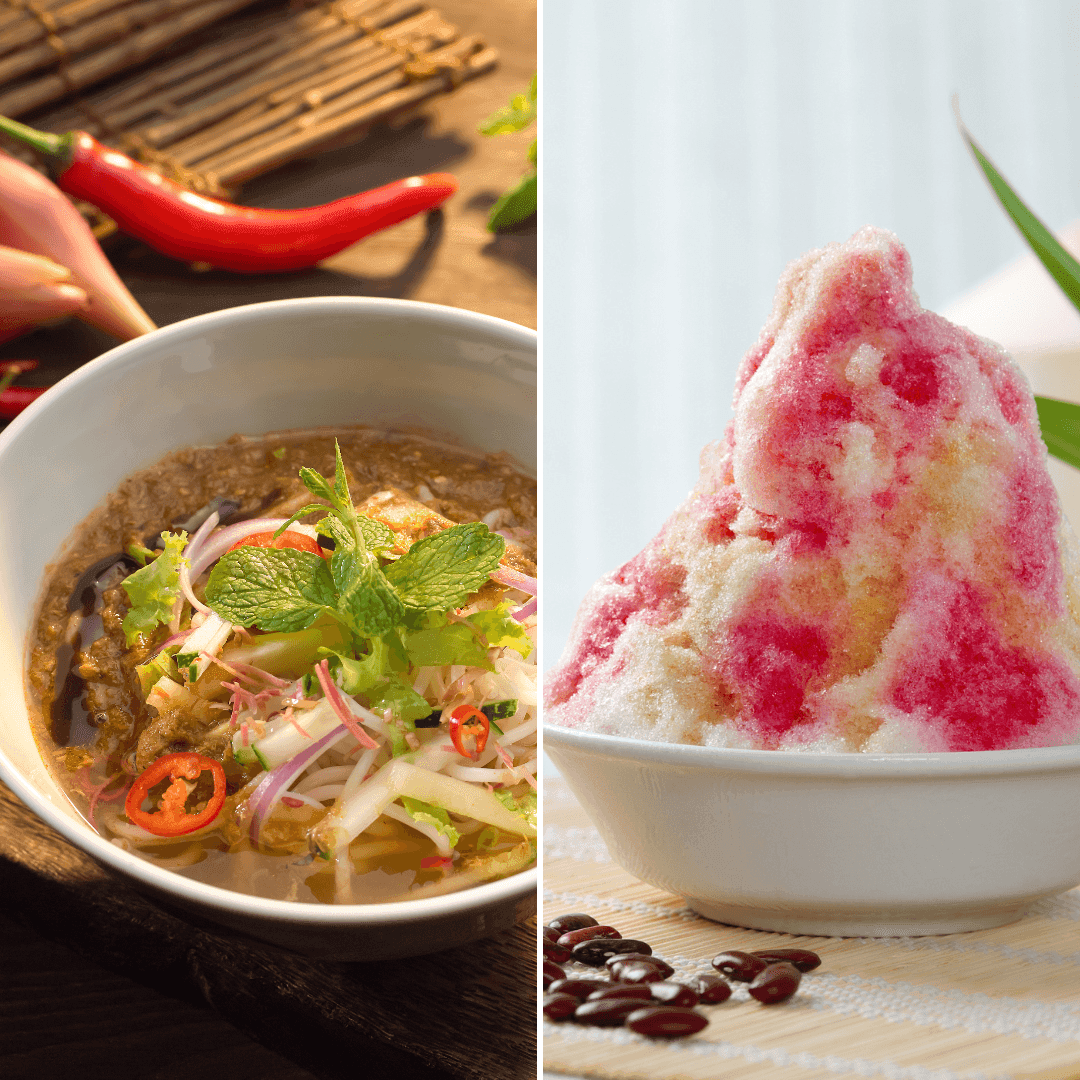 Collage of soup and red syrup-topped shaved ice in White Rose Café at York Hotel Singapore