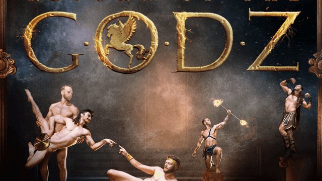 Theatrical promotional image showing acrobatic performers in dramatic poses beneath ornate golden lettering for an event.