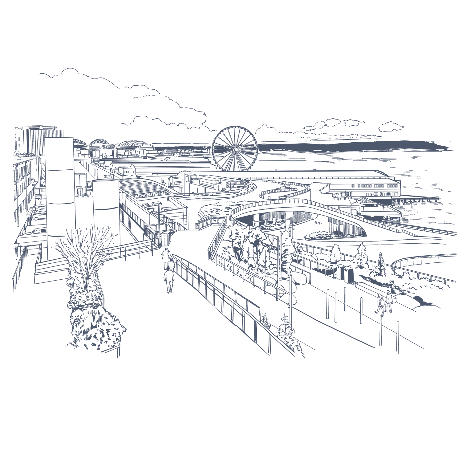 Vector illustration of coastal cityscape used at Warwick Seattle