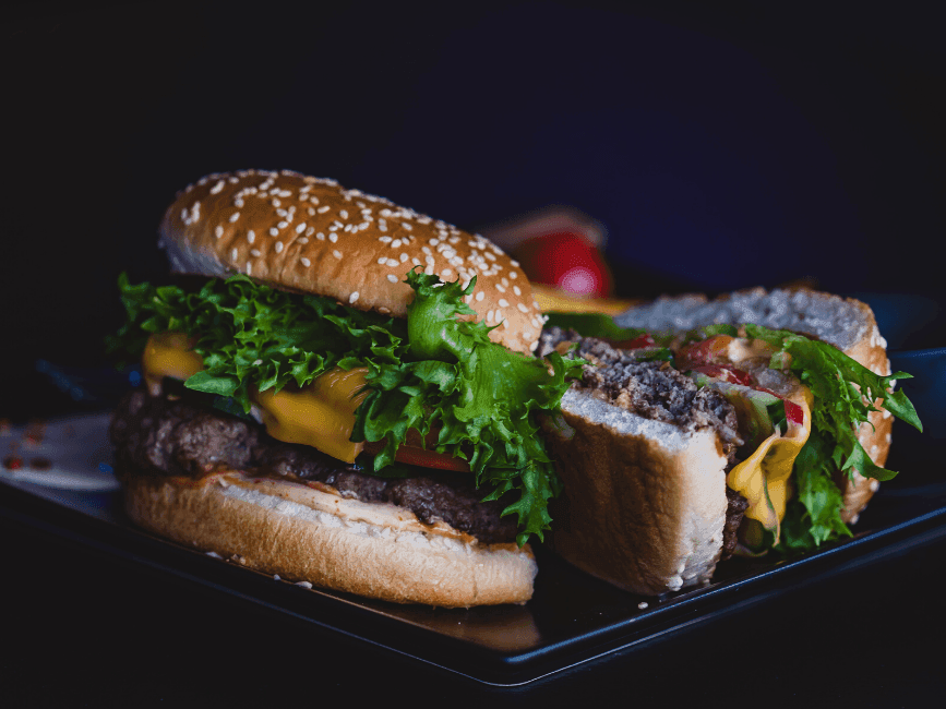 Close-up of a Mauritian burger served at Amora Hotel