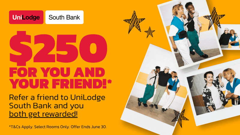 Promotional graphic showing $250 referral reward with photos of diverse people and star decorations on orange background.
