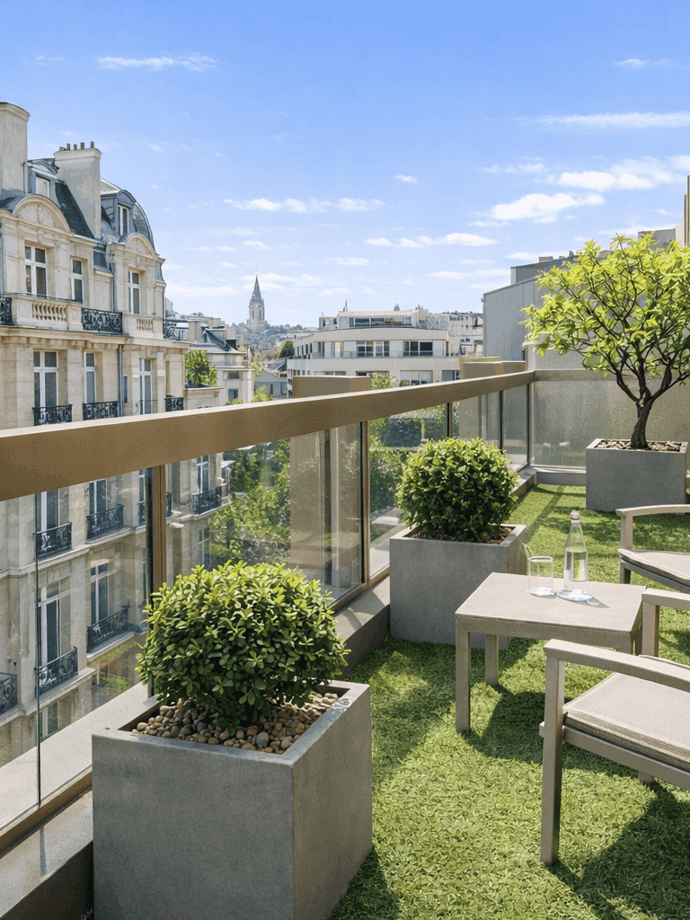 Grey lounge chairs by a small table on a grass terrace in Executive Suite with Terrace at Warwick Paris Champs Elysées