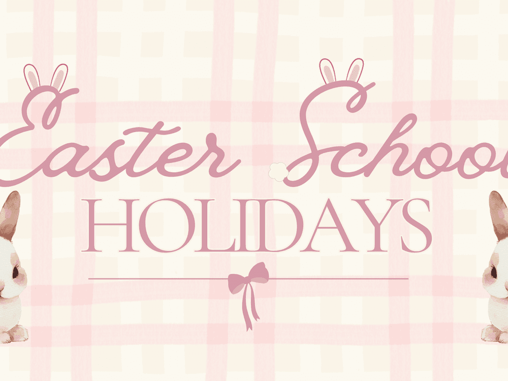Easter School Holidays event with cute bunny illustrations and pink and white checkered background.