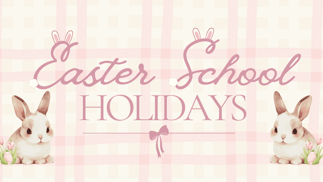Easter School Holidays event with cute bunny illustrations and pink and white checkered background.