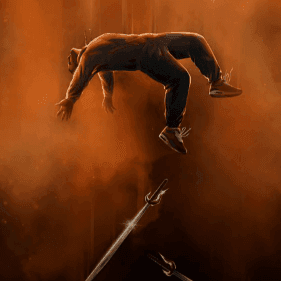 A man in mid-air with a sword below him for the Hilltop Hoods event.