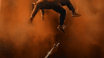 A man in mid-air with a sword below him for the Hilltop Hoods event.