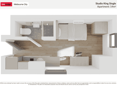 Floor plan of Studio King Single Apartment with 14m2 area showing the bedroom, bathroom, and kitchen.
