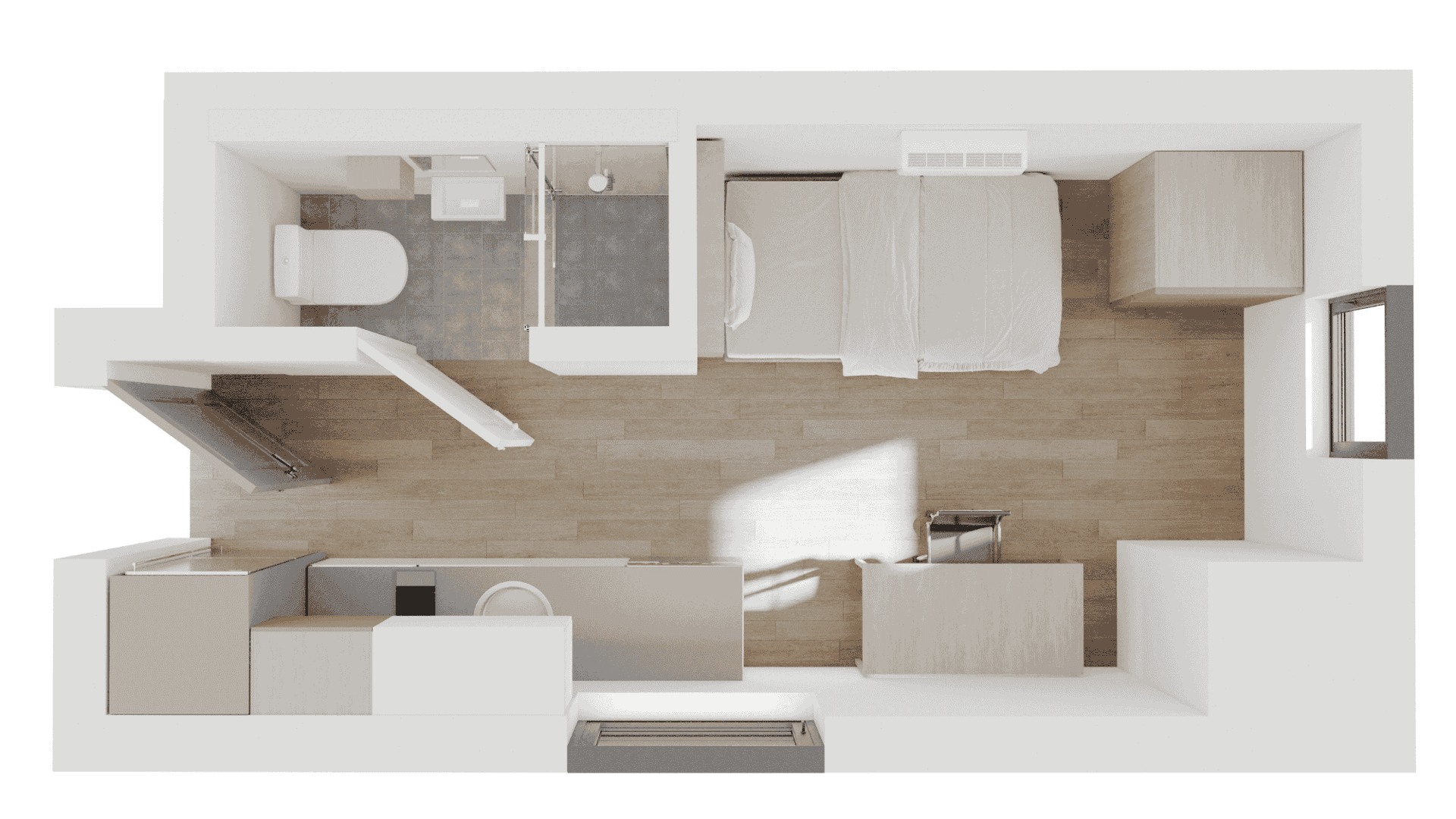 Floor plan of Studio King Single Apartment with 14m2 area showing the bedroom, bathroom, and kitchen.
