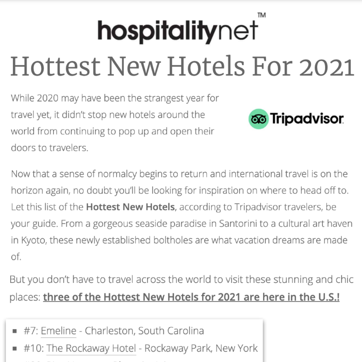 Article about The Rockaway Hotel in Tripadvisor 