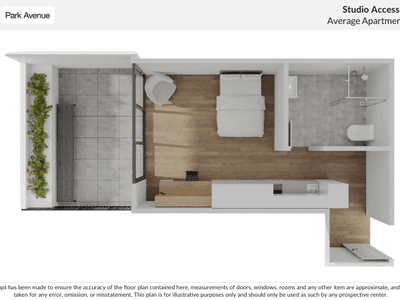 Floor plan of a 28m² accessible studio terrace apartment at UniLodge Park Avenue.