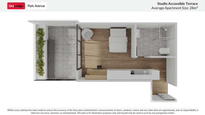 Floor plan of a 28m² accessible studio terrace apartment at UniLodge Park Avenue.