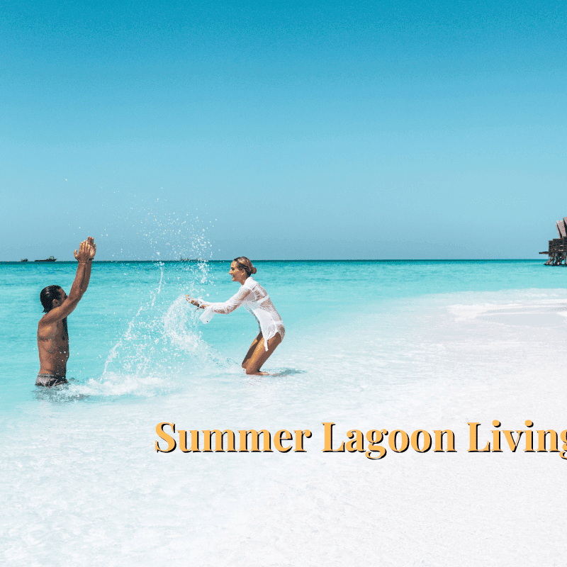 Couple enjoying water in the ocean at Grand Park Kodhipparu Maldives with text Summer Lagoon Living.