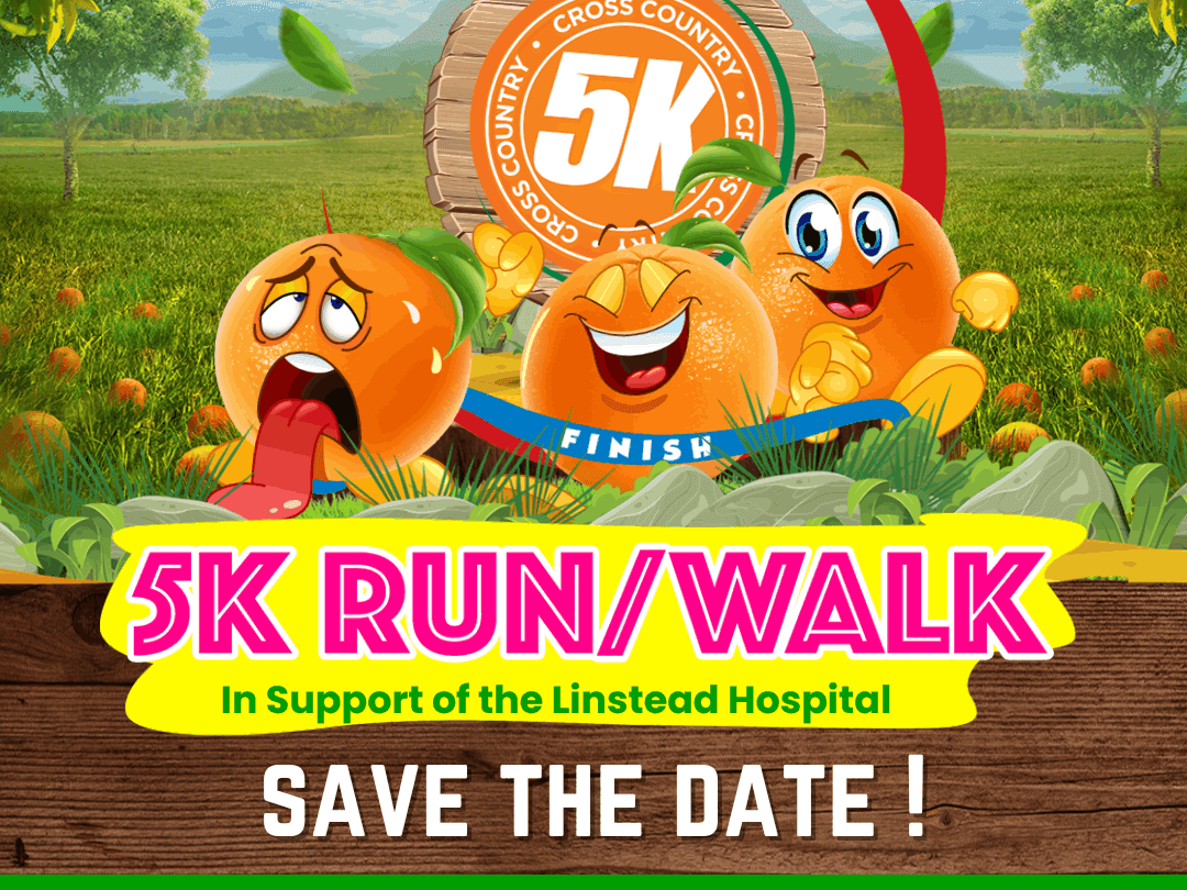 5K Run Walk promo banner showing three cartoon oranges running through green field near Jamaica Pegasus Hotel
