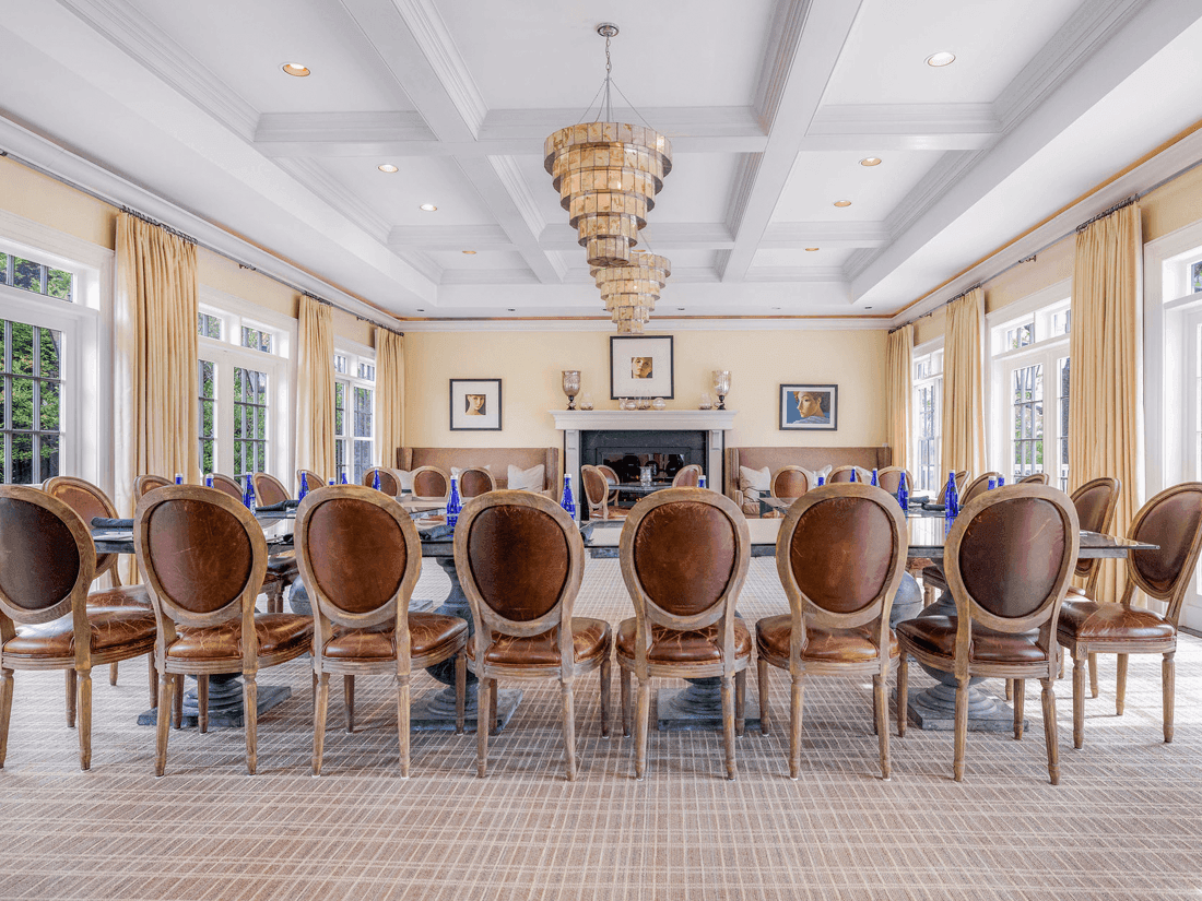 Hall with custom leather chairs and Coffered Ceiling the Inn at Willow Grove