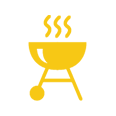 Yellow grill icon with steam on black background.