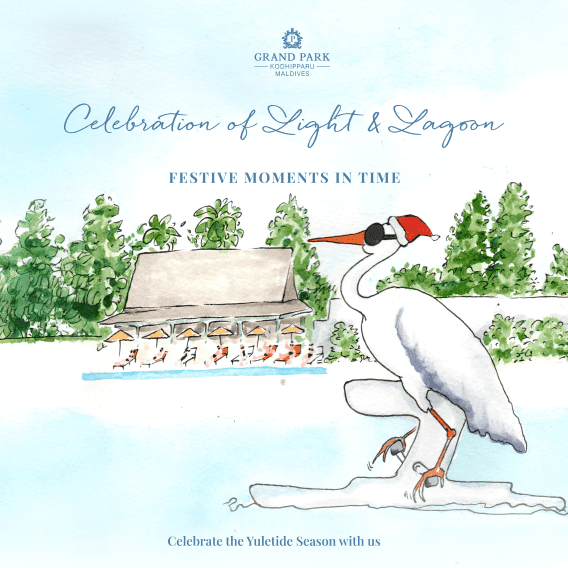 Watercolor illustration of a heron on a waterbike wearing a Santa hat near the breeze poolside dining and bar for festive season vacation at Grand Park Kodhipparu, Maldives
