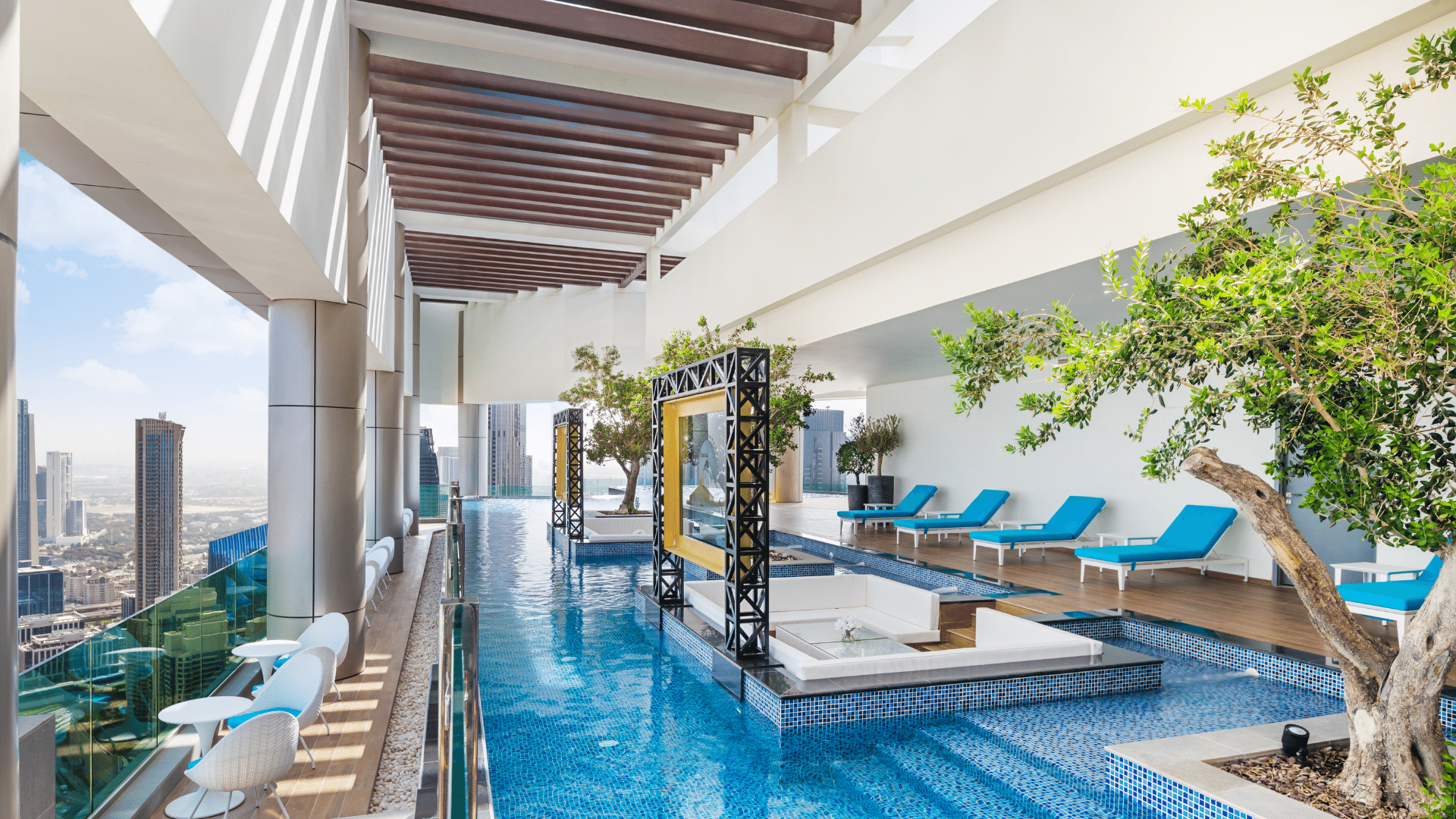 Indoor Malibu Pool with loungers at Paramount Hotel Midtown
