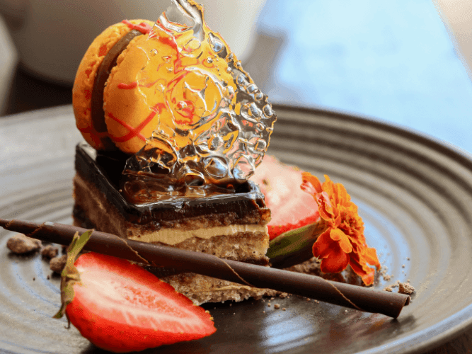 Close-up of a luxury dessert served in Bacar Restaurant at Pullman Sydney Olympic Park