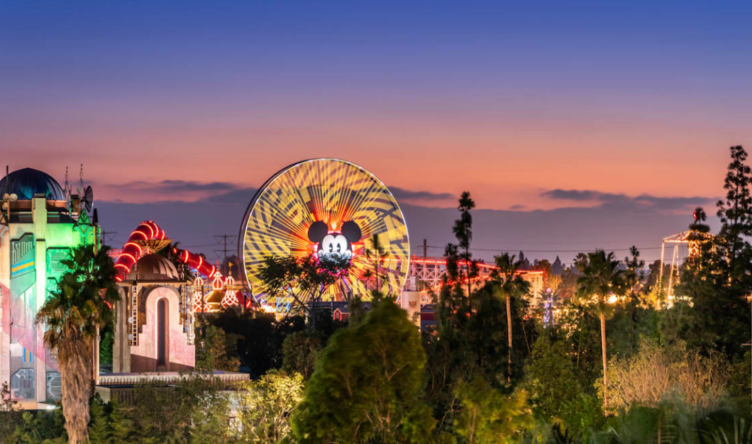 a view of an amusement park at sunset