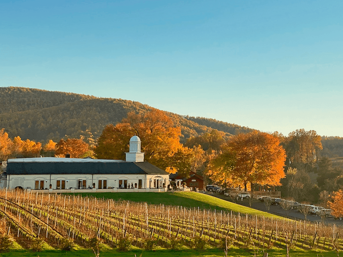 Exterior view of Barboursville Vineyards with Autumn Trees and Hills near Inn at Willow Grove