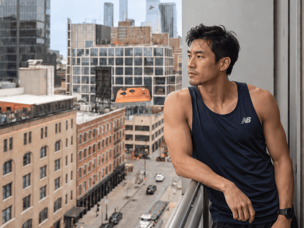 Man in athletic wear standing on a balcony overlooking an urban cityscape with modern buildings and street below.