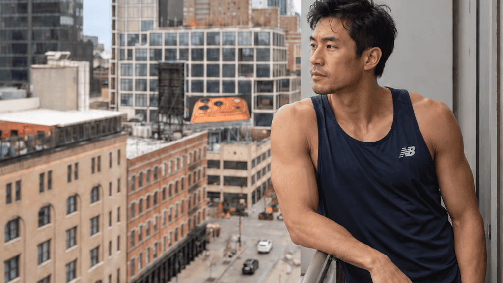 Man in athletic wear standing on a balcony overlooking an urban cityscape with modern buildings and street below.